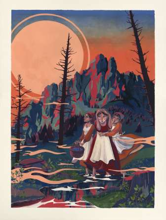 Illustration de la légende "Die les Trois Sœurs" avec trois jeunes femmes en costume traditionnel devant un décor de montagne dramatique au crépuscule - Liechtensteiner Legendenwelt