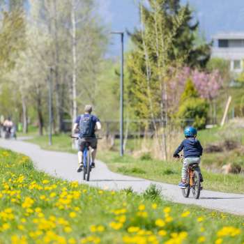 La famille fait du vélo sur la piste cyclable printanière du parc naturel Haberfeld, entourée de prairies et d'arbres en fleurs.
