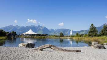 Zone de baignade naturelle avec sable, bois flotté et vue sur les montagnes environnantes