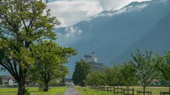 Vue lointaine du château de Gutenberg sur la vallée et les montagnes environnantes