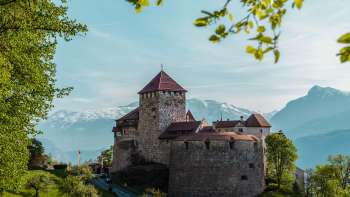 Vue pittoresque sur le château de Vaduz, niché dans des collines et des forêts verdoyantes.