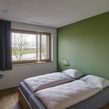 Chambre double avec mur peint en vert à l'auberge de jeunesse Schaan/Vaduz