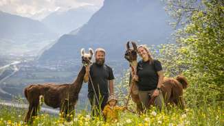 Famille avec enfant et deux lamas devant un décor alpin impressionnant lors d'une randonnée en lama et alpaga au Liechtenstein.