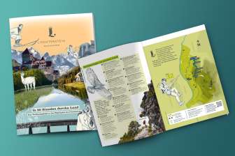 Brochure "In 80 Stunden durchs Land" - Voyage à la découverte du Liechtenstein Brochure de randonnée imprimée "In 80 Stunden durchs Land" (en 80 heures à travers le pays) avec des conseils et une carte pour découvrir la nature et faire une randonnée par étapes à travers le Liechtenstein