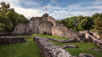 Vue sur les ruines médiévales du château de Schellenberg avec un drapeau flottant sur la tour principale