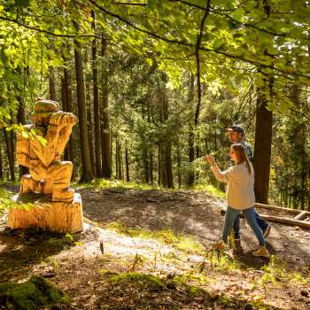 Madame montre du doigt une sculpture en bois riche en détails au « sentier des légendes walsers » à Triesenberg, par temps ensoleillé dans la forêt.