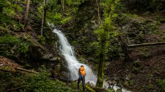 Cascade à Nendeln dans la forêt Randonneur avec sac à dos devant une cascade idyllique à Nendeln , niché dans une forêt dense et des rochers couverts de mousse.