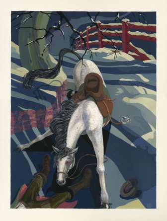 Illustration de la légende du Lochgass-Schimmel : cheval fantôme blanc au regard rouge et cavalier dans la neige - le monde légendaire du Liechtenstein dans une atmosphère lugubre