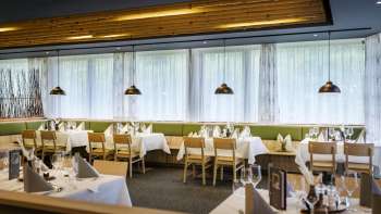 Une salle à manger accueillante avec des tables rondes et des chaises vertes moelleuses, décorée dans un style moderne et naturel.