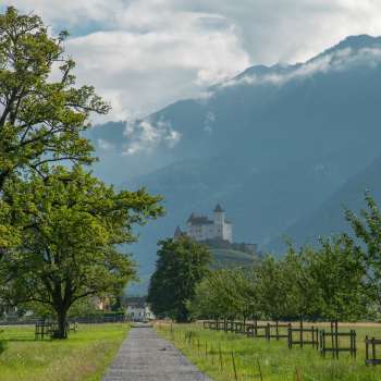 Vue lointaine du château de Gutenberg sur la vallée et les montagnes environnantes par temps clair