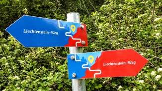 Panneau indicateur coloré du Liechtenstein-Weg avec des flèches rouges et bleues sur fond de forêt verte