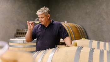 Le vigneron déguste le vin directement du tonneau dans la cave à vin