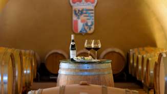 Vue de la cave à vin avec des tonneaux en bois et une table couverte de vins et de fromages dans la cave de la cour du prince de Liechtenstein