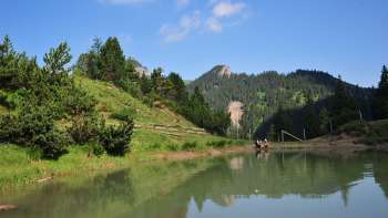 Un lac au bord duquel sont assis deux randonneurs, entouré de vertes prairies et de forêts, avec les Alpes liechtensteinoises en arrière-plan.