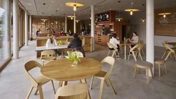 Salle à manger confortable avec meubles en bois à l'auberge de jeunesse Schaan/Vaduz