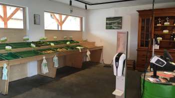 Espace libre-service du magasin Birkahoflädile avec des tables de vente vides et une caisse verte - vente à la ferme durable au Liechtenstein.