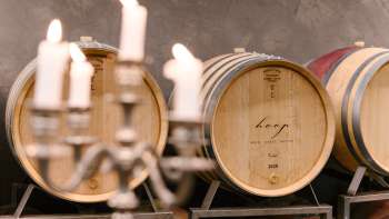 Photo d'ambiance dans la cave à vin du domaine Hoop avec des barriques étiquetées et éclairées à la bougie.