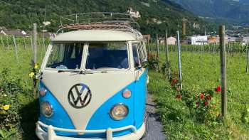 Bus VW nostalgique sur un chemin à travers les vignobles avec vue sur le château de Vaduz