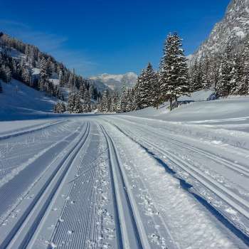 Piste de ski de fond fraîchement tracée à Steg avec vue panoramique sur le paysage alpin enneigé