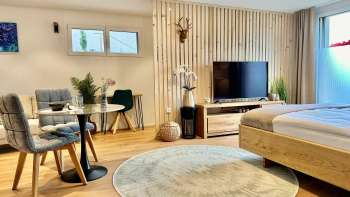 Studio meublé avec style, avec lit king-size, télévision à écran plat et table avec deux chaises