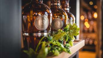 Bouteilles de bière fraîchement tirée sur une terrasse inondée de soleil, entourée d'une ambiance animée