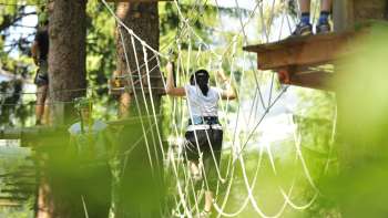 Femme traversant un filet dans un parcours d'accrobranche, entourée de verdure dense et de lumière du soleil