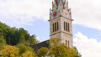 Vue sur la tour de la cathédrale Saint-Florin avec des arbres au premier plan