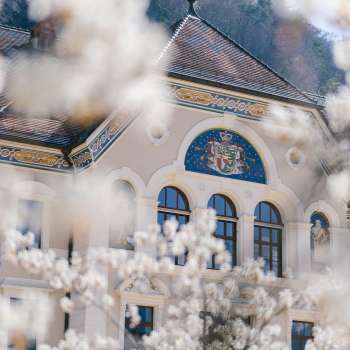 Façade du bâtiment du gouvernement à Vaduz, encadrée d'arbres en fleurs blanches au printemps.