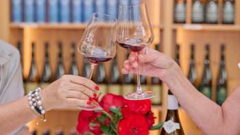Deux personnes trinquent avec des verres de vin rouge lors d'une dégustation à la cave du Prince du Liechtenstein