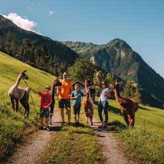 Shooting de famille avec des lamas et des alpagas en été à Malbun