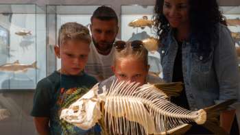 Une famille observe un squelette de poisson au Musée national du Liechtenstein