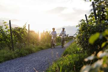 Deux femmes pédalent à travers les vignes au coucher du soleil au Liechtenstein - plaisir de la nature et vacances actives au crépuscule