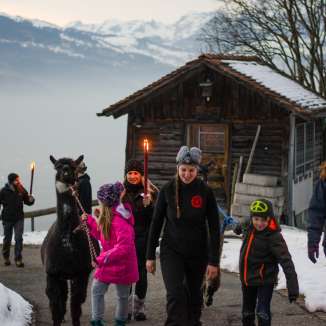 Trekking familial avec des lamas dans la neige au Liechtenstein, avec des torches et une vue sur les montagnes - une expérience particulière de fondue en plein air.