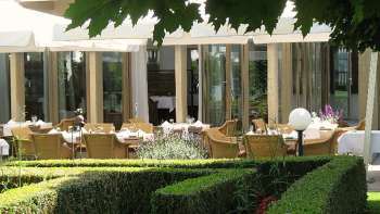 Terrasse ensoleillée du jardin du restaurant Vivid avec tables dressées et vue sur la verdure