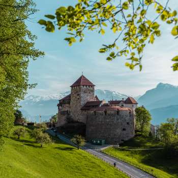 Vue pittoresque sur le château de Vaduz, niché dans des collines et des forêts verdoyantes.