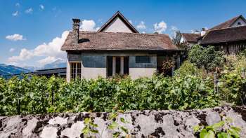 Maison traditionnelle du restaurant Torkel, entourée de vignes avec vue sur les Alpes.