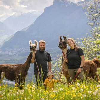 Famille avec enfant et deux lamas devant un décor alpin impressionnant lors d'une randonnée en lama et alpaga au Liechtenstein.