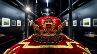 Gros plan de la couronne princière du Liechtenstein sur un coussin de velours rouge brodé d'or, exposée dans le trésor de Vaduz