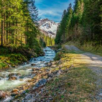Ruisseau de montagne clair près de Steg au Liechtenstein au printemps, flanqué d'une forêt de sapins et d'un sentier de randonnée avec vue sur les montagnes