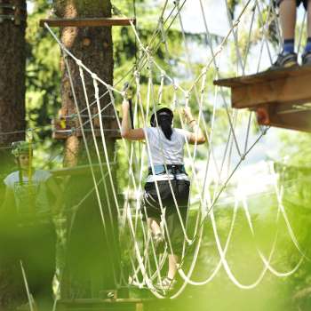 Femme traversant un filet dans un parcours d'accrobranche, entourée de verdure dense et de lumière du soleil