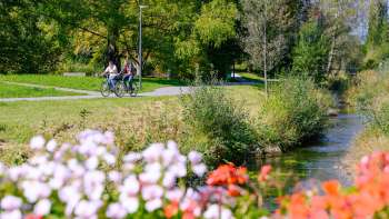 Les cyclistes profitent du temps ensoleillé le long des berges bordées de fleurs du parc naturel de Haberfeld.