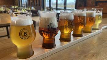 Différentes sortes de bières dans un set de dégustation sur une table en bois - de la bière blonde à la bière brune, servies dans des verres élégants dans le Liechtensteiner Braustube