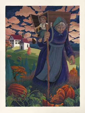 Illustration d'un ancien personnage légendaire avec une capuche et un bâton, portant un enfant dans une nacelle sur le dos - inspirée de la culture populaire du Liechtenstein
