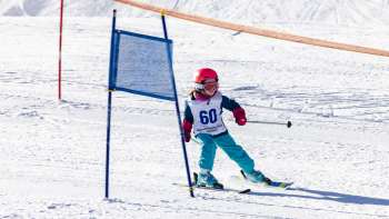 Un petit enfant avec un dossard passe les portes du parc Malbi en se concentrant sur la course de ski pour enfants.