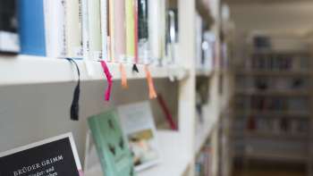Vue de la Maison de la littérature du Liechtenstein, avec un focus sur les livres sur une étagère lumineuse