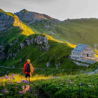 Un randonneur regarde le refuge Pfälzerhütte au Liechtenstein, entouré d'un paysage de montagnes verdoyantes et d'un panorama alpin au crépuscule.